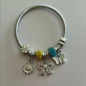 Silver Charm Bracelet with Yellow & Blue, Sunflower, Butterfly, Bow Accents NEW